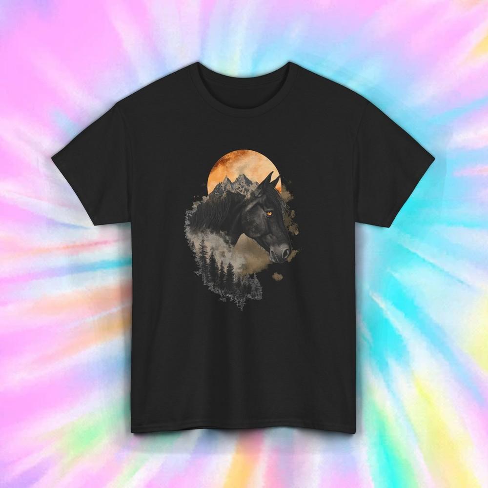 

Black Horse Forest Sunset Shirt Majestic Western Country Art Tee S-5XL 4XL