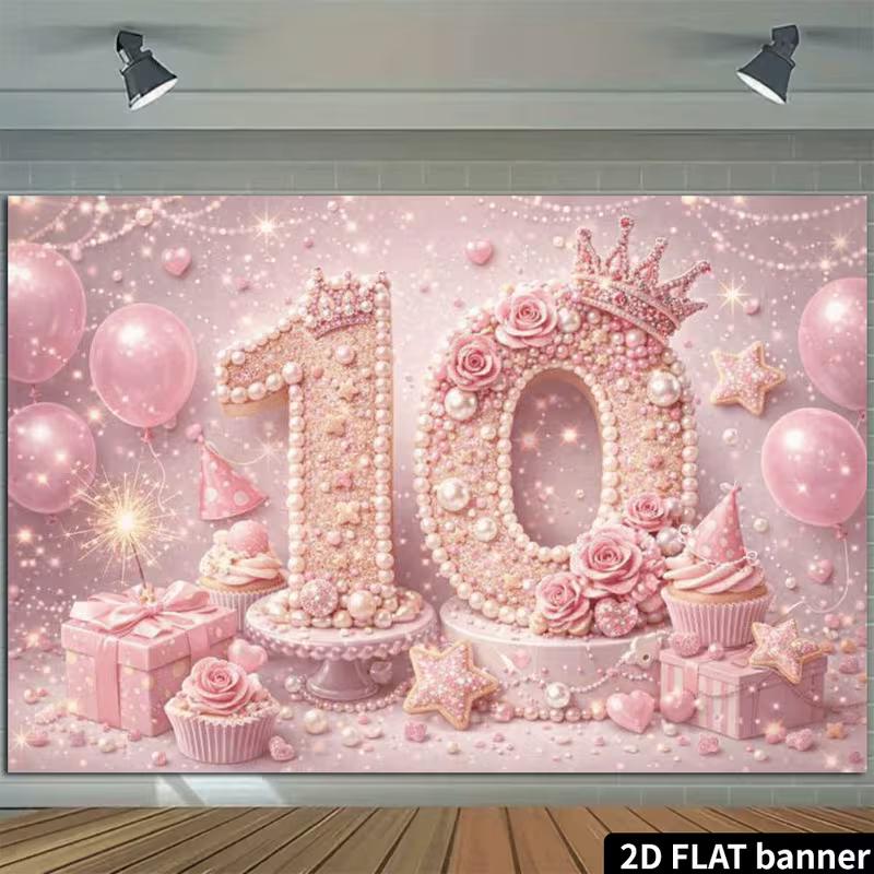 2D Prinzessinnenkrone Rosa Glitzer 10. Happy Birthday Hintergrund Banner Fotokabine