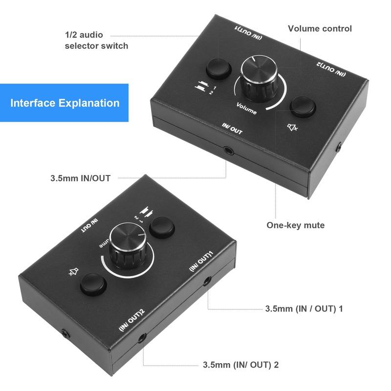 3.5mm Audio Switcher, 2 Input 1 Output/1 Input 2 Output Audio Splitter Switcher, Audio Switcher Box, One-Key Mute Button