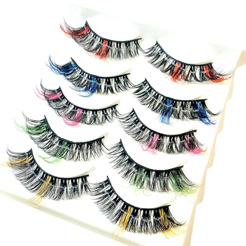 Sunniess Ombre Colored Lashes Silk Protein Fluffy Wispy Volume Fake Lashes for Halloweens Cosplay Party Stage Russian D Curl Lashes with Color Make