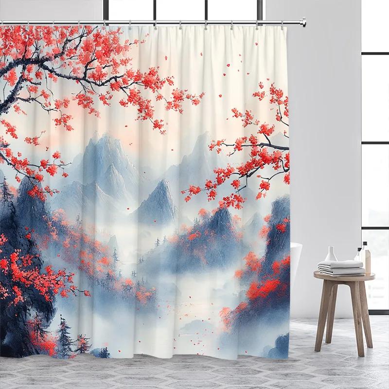 Japanese Style Shower Curtain Town Architecture Arch Bridge Pink Cherry Blossom Sunset Mountain Landscape Bathroom Curtain Decor