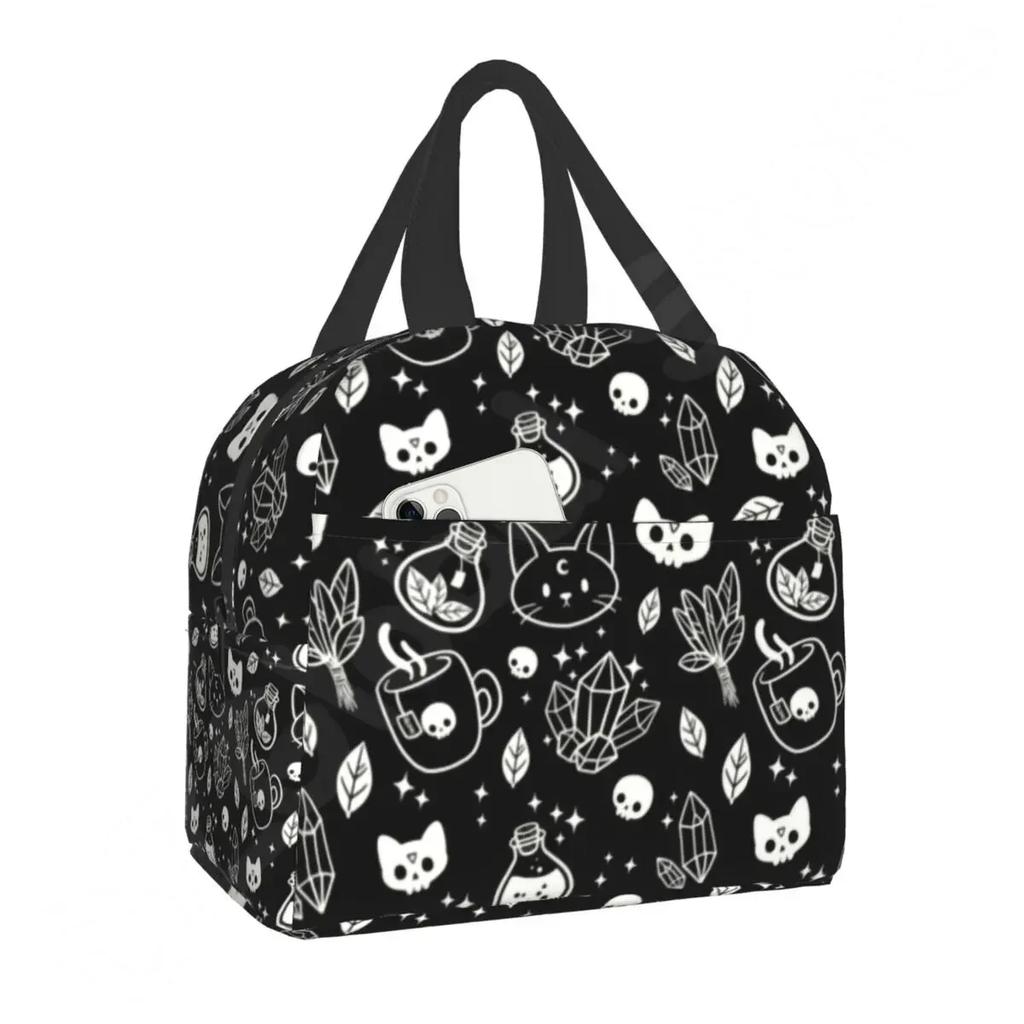 Pattern Insulated Lunch Bag for School Office Halloween Cat Skull Leakproof Cooler Thermal Bento Box Women Children