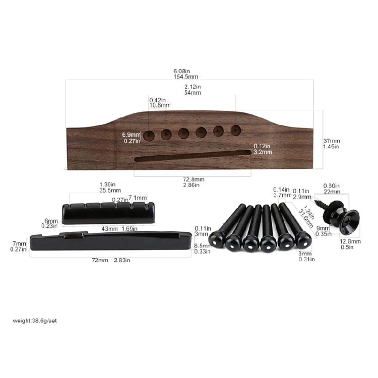 Acoustic Guitar Bridge Guitar Saddles Nut Slotted Bridge Pins Rosewood 6 String Folk Guitar Bridge Replacement Part