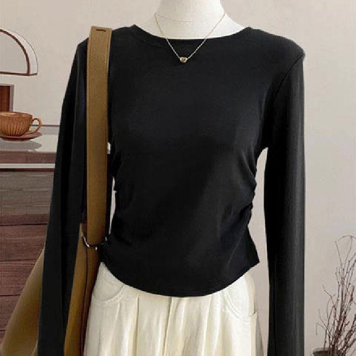 

Women s Slim Fit Round Neck Long-Sleeve T-Shirt - Elegant Spring/Autumn Style L белый
