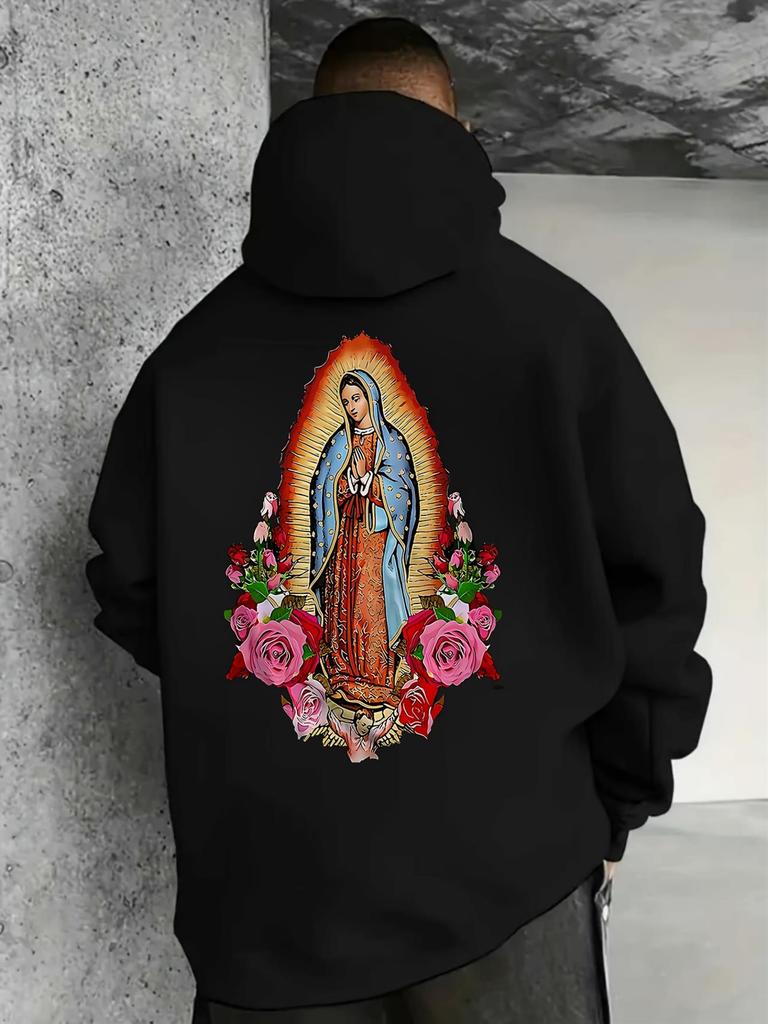 Mens Virgin Mary & Jesus Hooded Sweatshirt | Mexican Folk rt Style Couple Matching Pullover with Religious Iconography Roses Spani