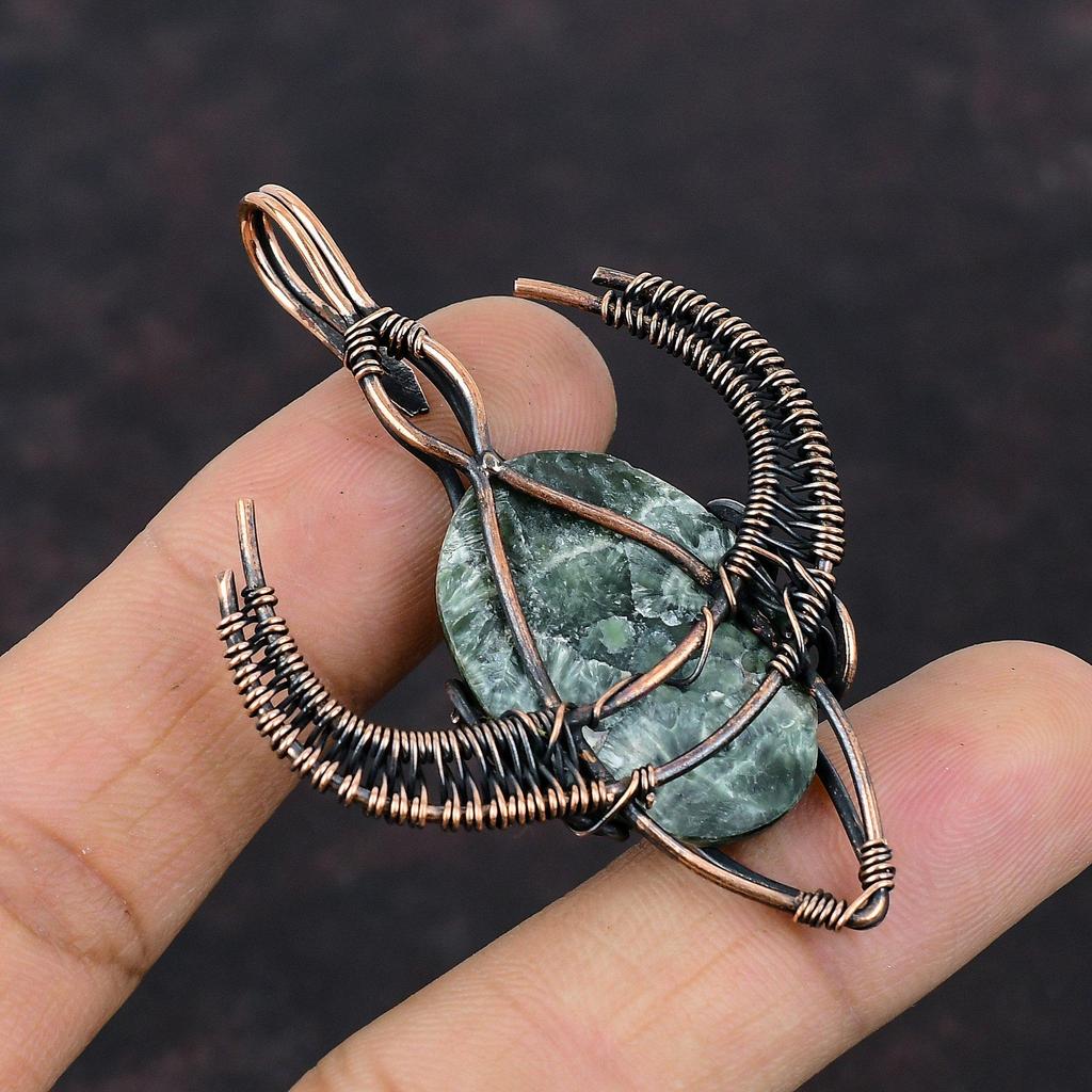 Seraphinite Pendant Copper Wire Wrapped Gemstone Pendant Handmade Copper Jewelry Gift For Him Wire Wrapped Jewelry Bull Face Shape Pendants