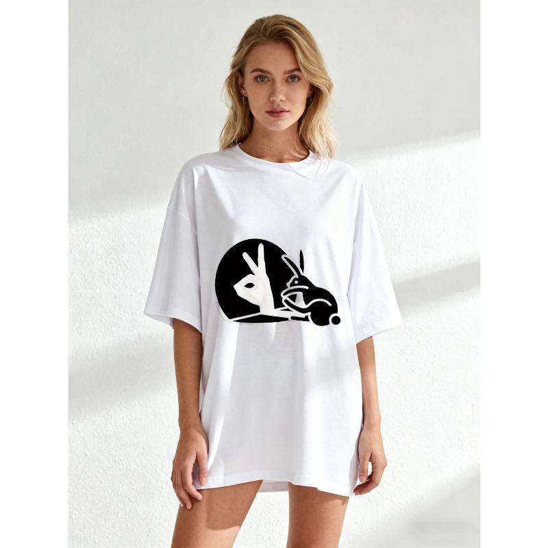 Oversized T Shirt Black Peace Sign And Rabbit Print Casual Streetwear For Women