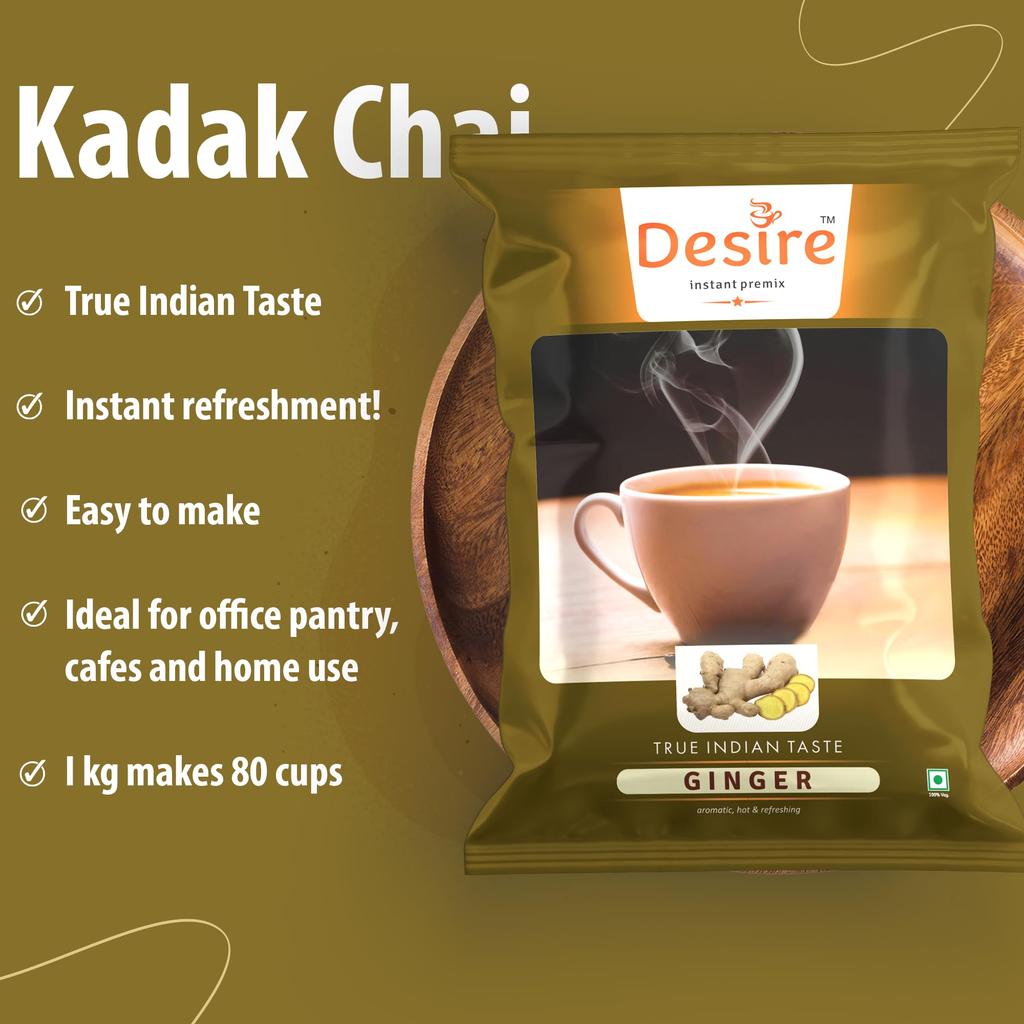 Desire Instant Premix Ginger Tea | Ready To Drink Adrak Karak Chai, Just Add Hot Water | Permium Instant Tea Mix Powder | Ideal for Manual