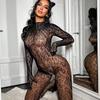 Sexy Hollow Fishnet Teddies Bodysuit Women Erotic Crotchless Lingerie Full Sleeve Bodystockings Perspective Teddy Mesh Dress