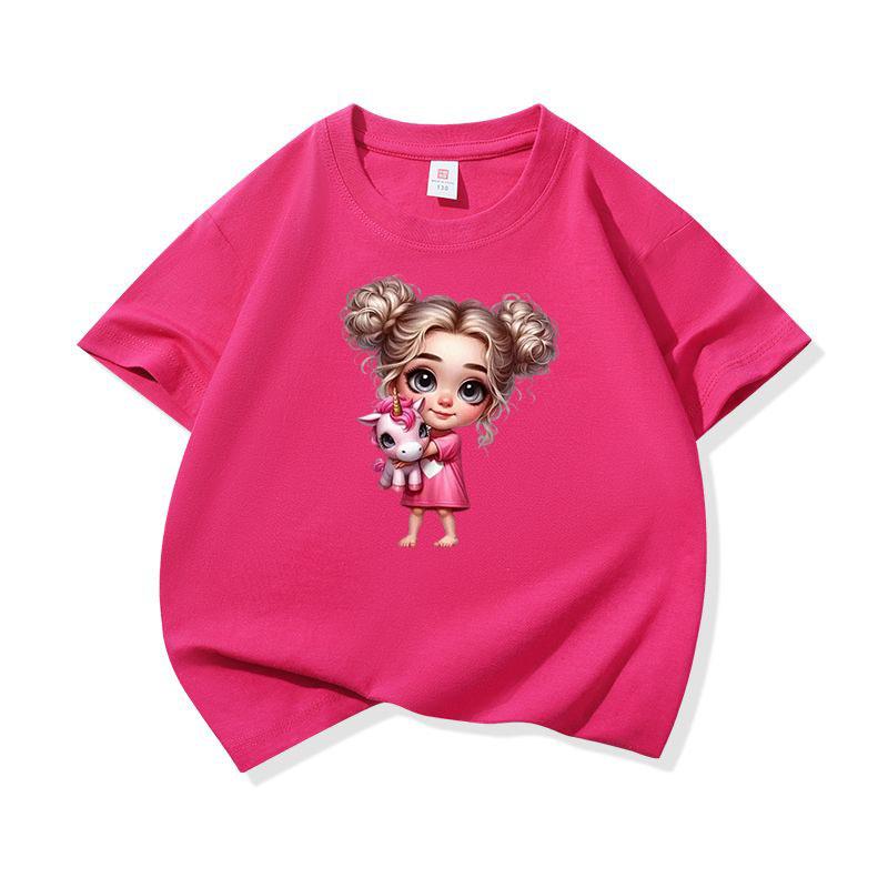 Kids Cotton T Shirt Adorable Girl With Pink Unicorn Print Crew Neck Short Sleeve Tee Casual Boys Girls Summer Tops