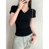 Front Shoulder Short-sleeved T-shirt Women's New Summer Basic Slim-fitting and Thin American Flower Gray V-neck Top