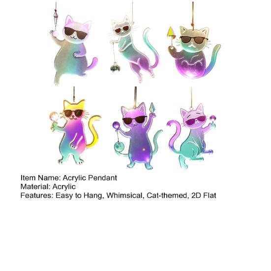 6 Pcs Cat Sun Catcher 2D Flat Acrylic Kitten Pendant Cats Wearing Sunglasses