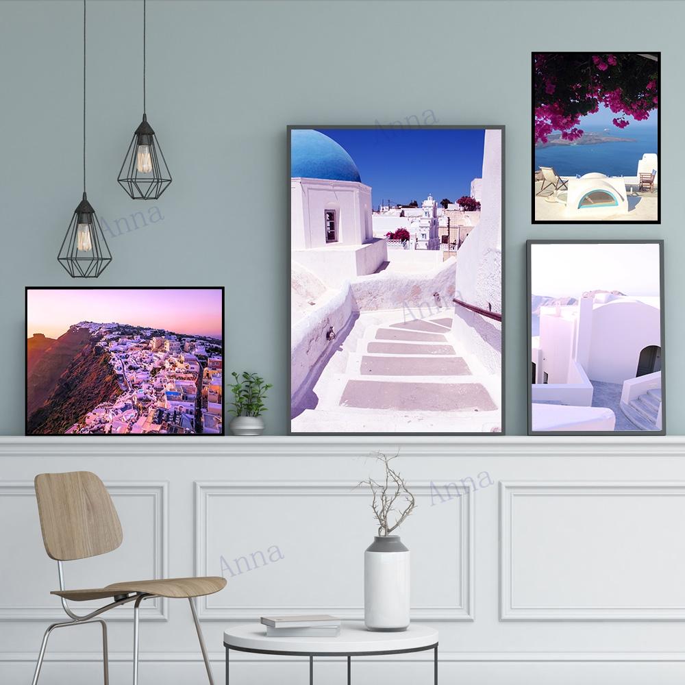 Greece Santorini Pink Ocean Wall Art Canvas Painting Sunset White Coastal Posters And Prints Wall Pictures For Living Room Decor