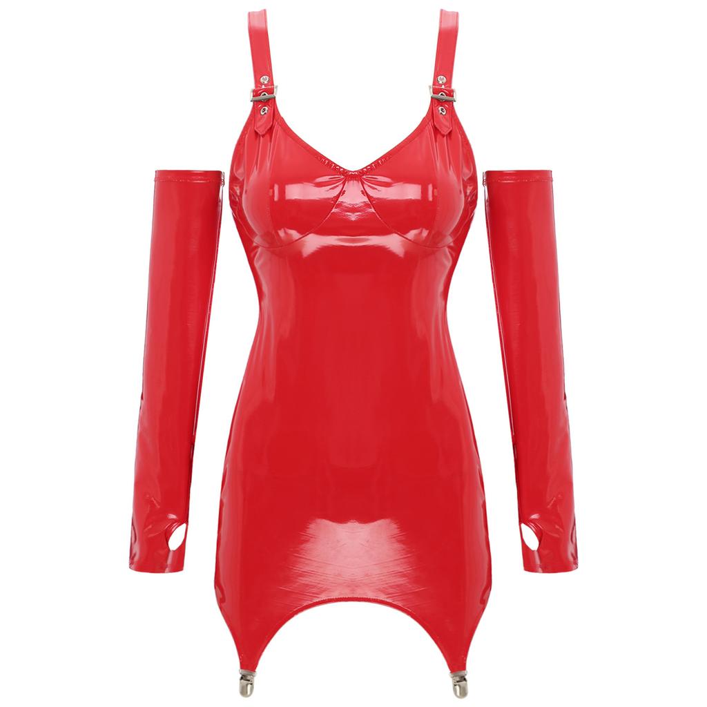 Dámské lesklé šaty z lakované kůže s podvazkovými klipsy Mini spodní prádlo Šaty Sexy klubové oblečení