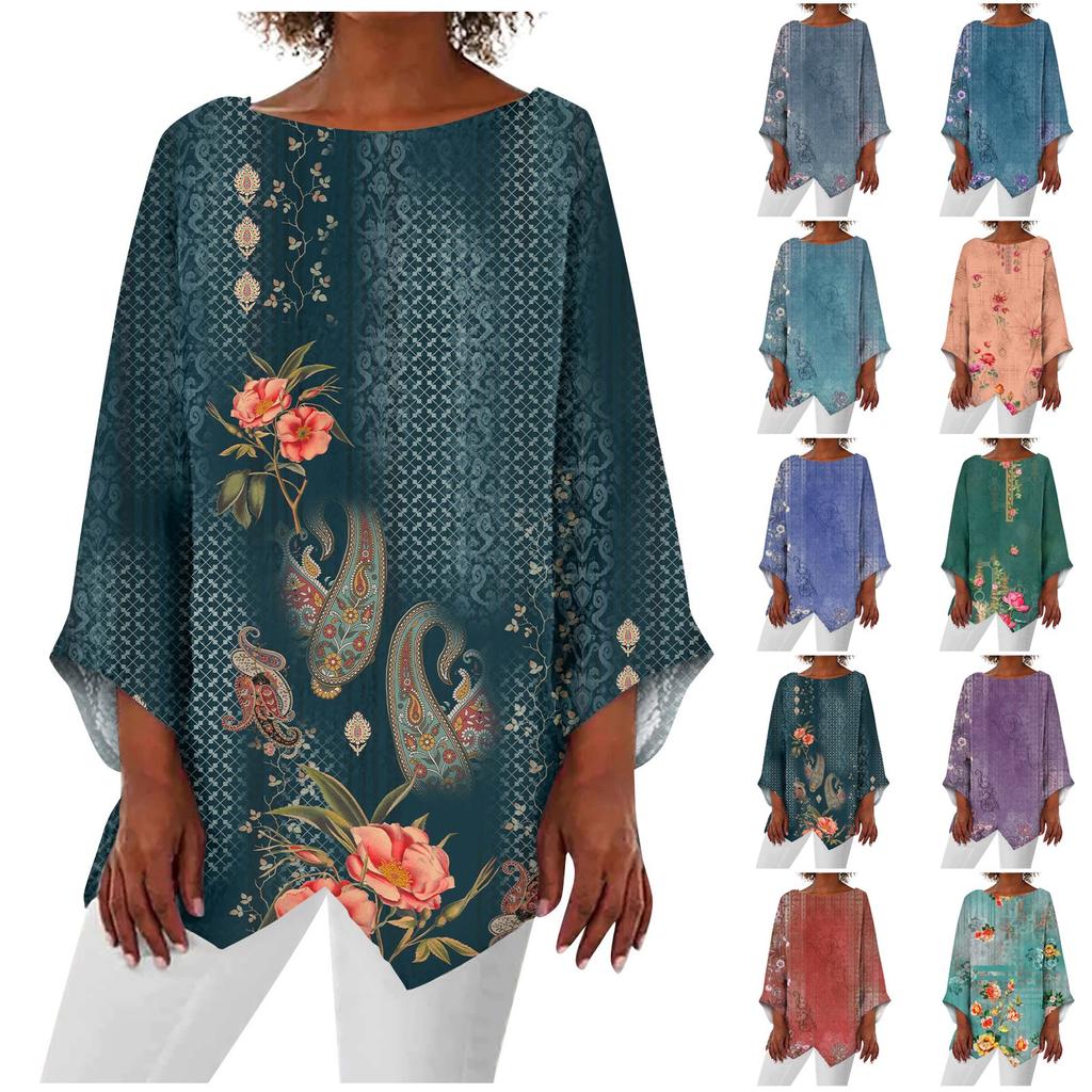 Dame Mote Retro Trykk Rund Hals Ni Kvart Erme Uregelmessig Kant T-skjorte Topp