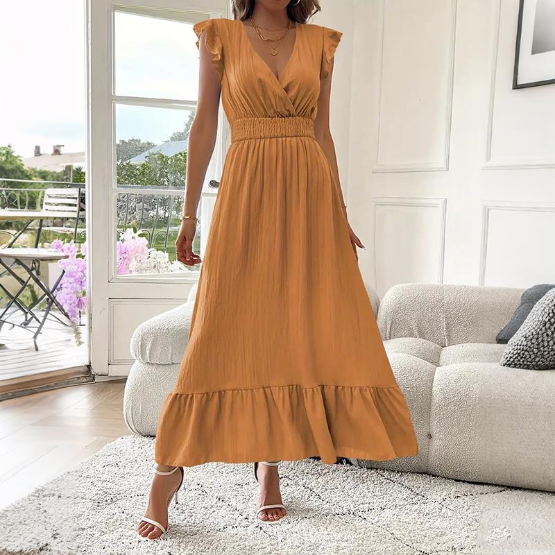 Women Summer Ruffles Short Sleeve V Neck Solid Color Holiday Beach One Piece Dress