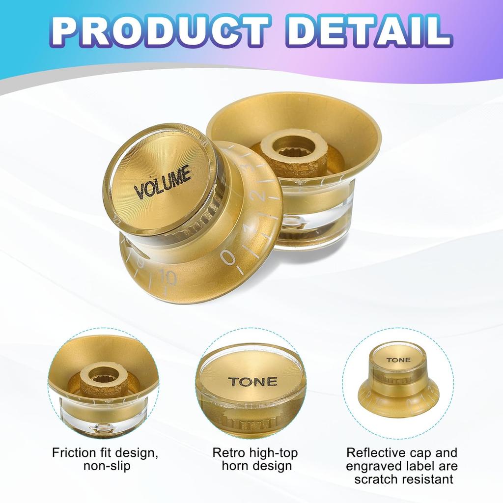Uxcell Guitar Control Metric Top Hat Bell for Electric Guitars and Split Shaft Set of 4 X Tone X Knobs, Knobs, Basses, Pots, (Volume 2, 2), Gold/Gold