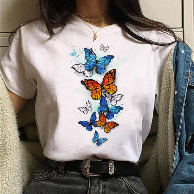 Women Tshirt Watercolor Butterfly Print Tshirt Summer Female Tops Casual Short Sleeve T-Shirts Harajuku Graphic Tee Cute T-Shirt