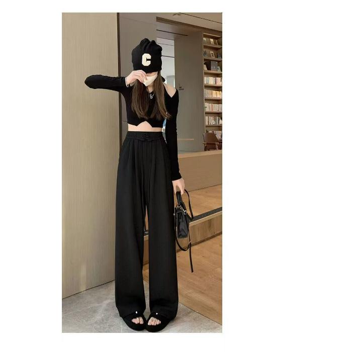 

Спортивные брюки с высокой талией и ремешками 2023 года: Весна/Осень, облегающий крой, широкие штанины, повседневный тренд для женщин M чёрный