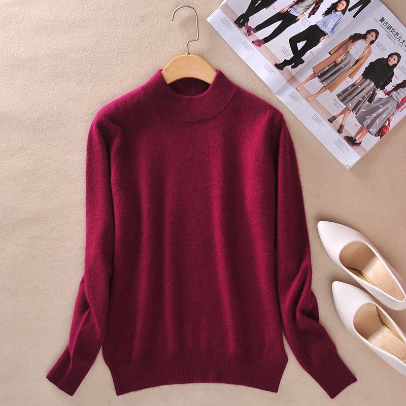 Women s Versatile Solid Color Half High Neck Knit Sweater - Long Sleeve, Short Pullover S вино красного