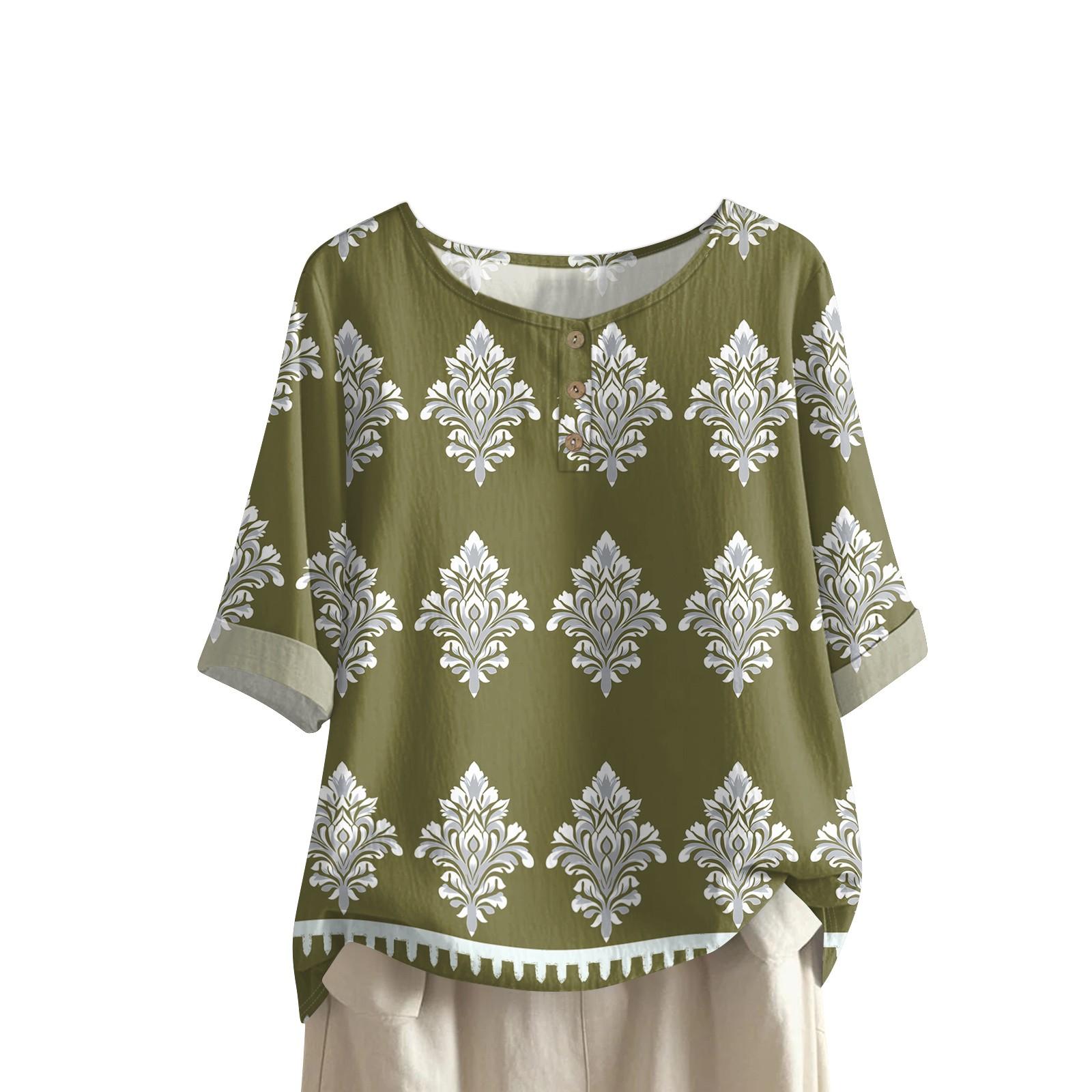 

Women s Fashionable And Casual Shirt Half-sleeve Round Neck Print Cotton And Linen Blouse Top L армія зелений колір