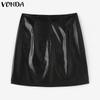 VONDA Women Autumn Solid Color Patch Pocket PU Leather Skirts