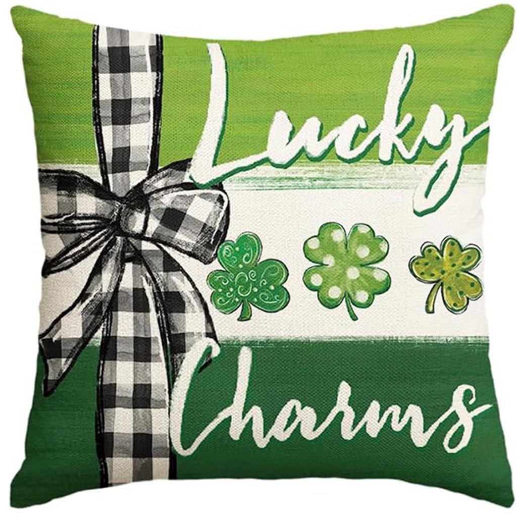 St. Patrick's Day Pillow Cover Line Printed Pillow Cover Green Four-leaf Crocodile Cushion Cover