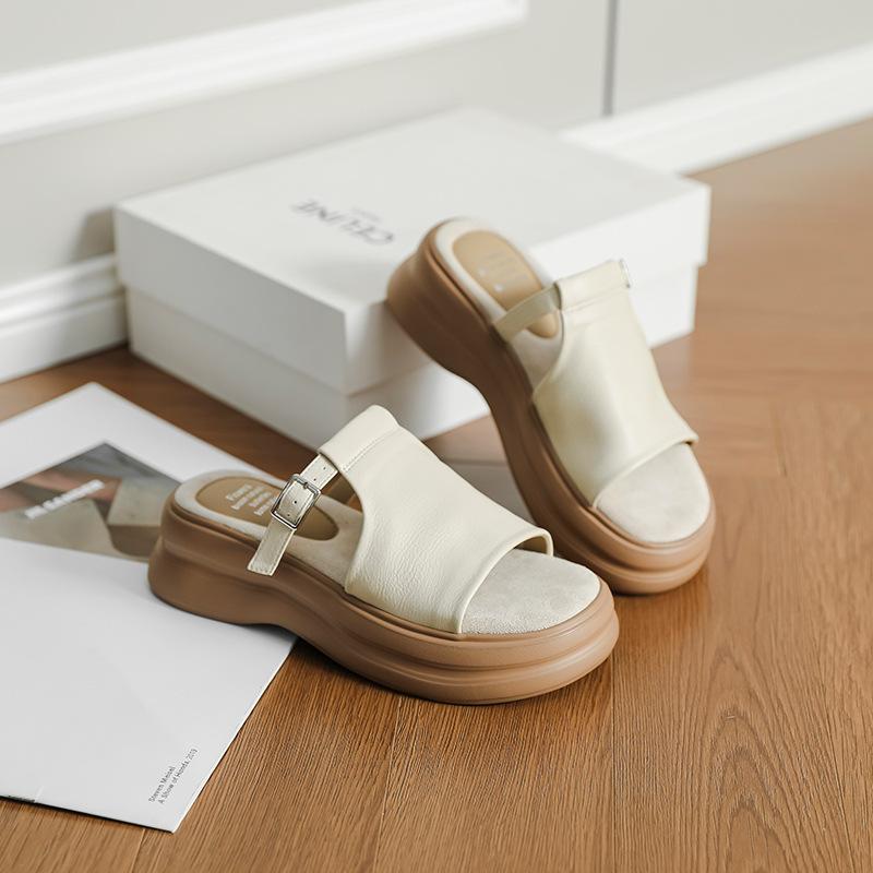 Sheepskin version~ retro casual platform open-toed sandals for women's summer new versatile soft-soled muffin bottom half slippers for women