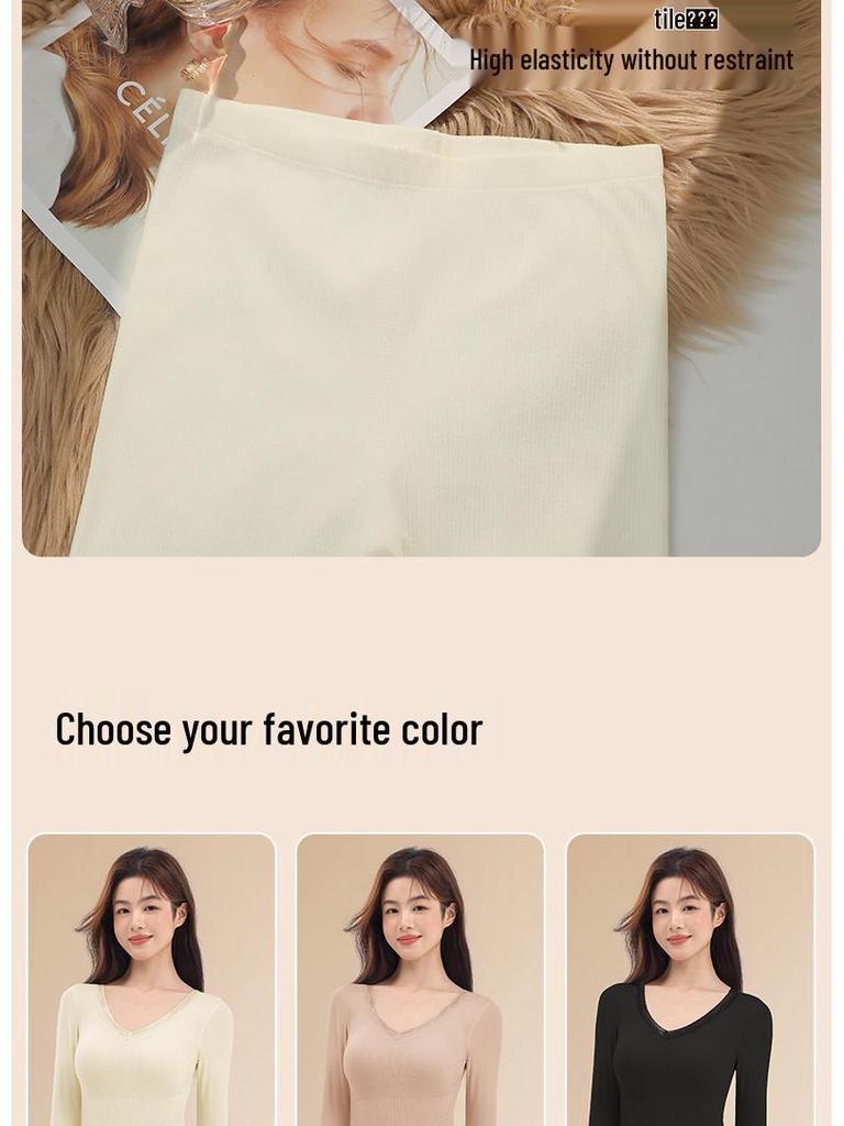 Women's Thermal Underwear Set with Padded Top, Fleece-Lined for Fall/Winter, Wool-Silk Blend