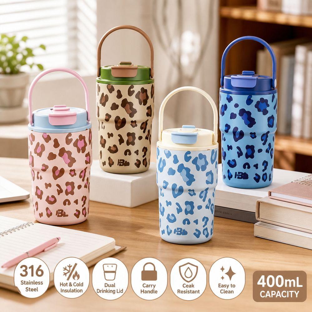 Dual Drinking Lid Insulated Water Bottle Leopard Print Portable Thermal Flask School Use