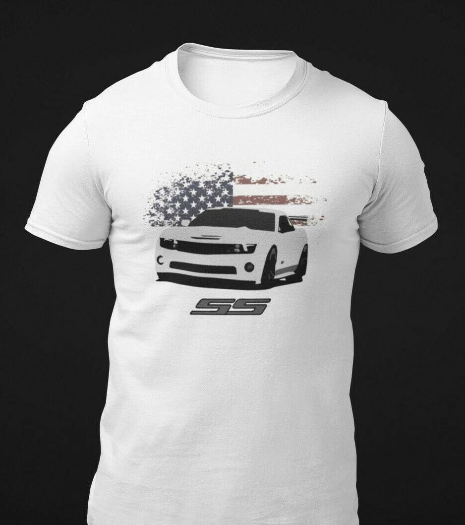 USA Chevy Camaro SS American Flag 100% Cotton T-shirt Mens Tees Top 2XL