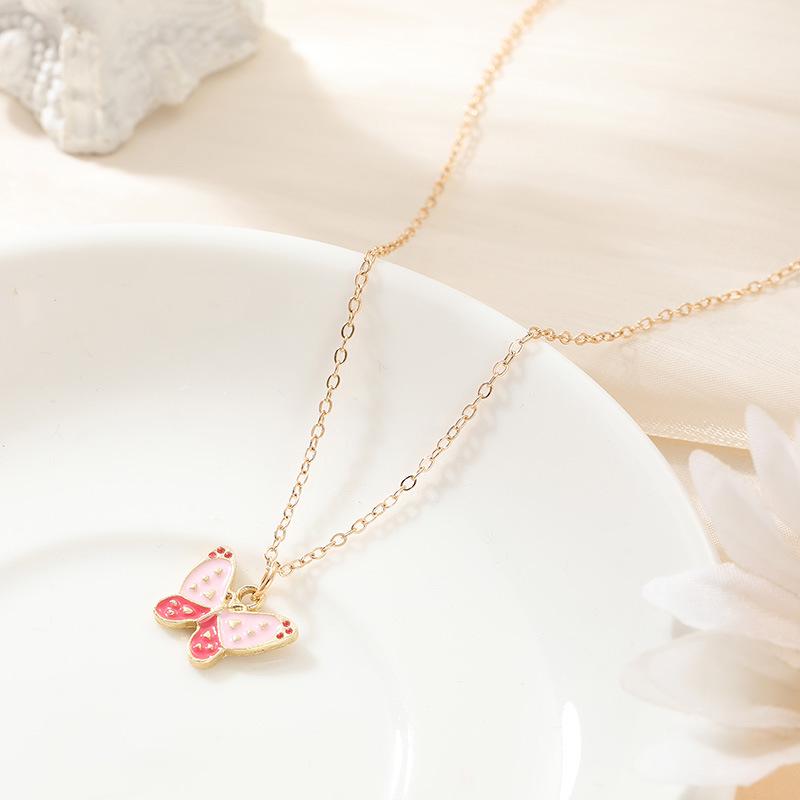 Children s Pink Enamel Heart, Butterfly, and Flower Pendant Necklace - Light Luxury Gift