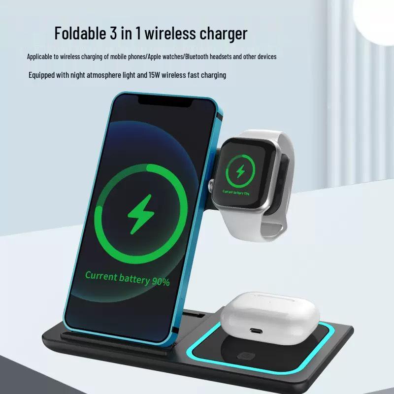 3-in-1 Foldable Wireless Charger: Phone Stand, Watch & Earbuds Fast Charger