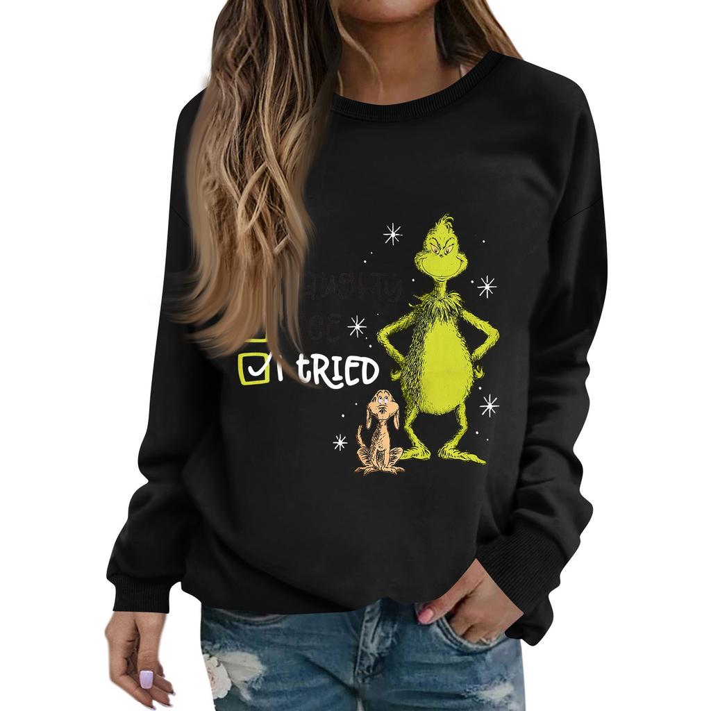 Women's Fashion Casual Long Sleeve Solid Color Christmas Printed Round Neck Top Sweatshirt