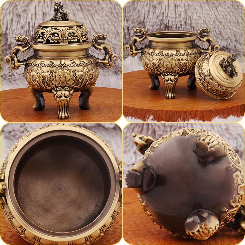 Antique Brass Animal Head Incense Burner: Three-Legged Aromatherapy Ornament for Indoor Buddhist Hall or Tea Ceremony