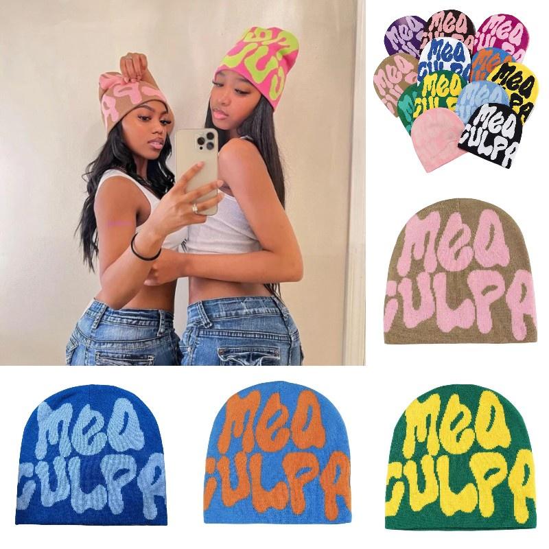 Mea Culpa Trendy Letter Print Beanies Knit  Hat Streetwear Cap Outfit Women Girl