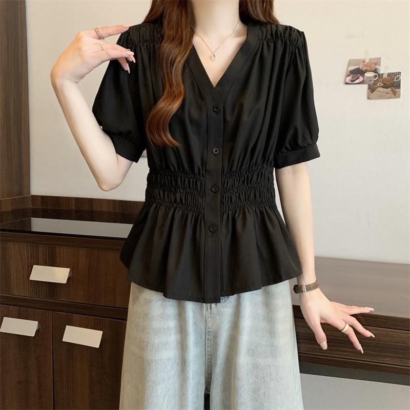 light blue v neck puff short sleeve cinched waist button down blouse for women M