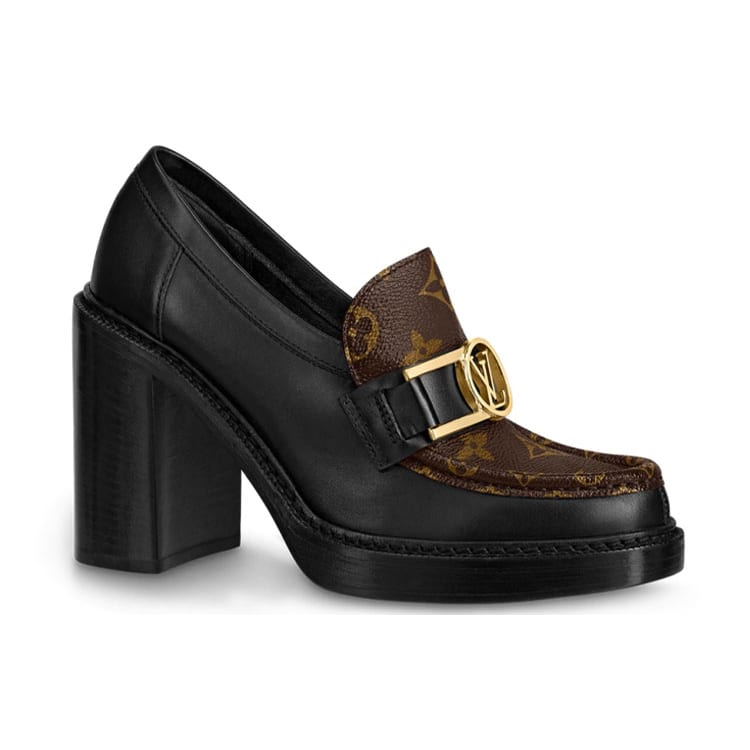 Louis Vuitton Academy Heeled Loafers 'Black With Brown Monogram' Women's 1A86LV