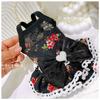 Lovely Puppy Dog Clothing Retro Chic Red Floral Print Lace Bow Black Princess Dress For Small Medium Dog Poodle Pet Dog Clothes