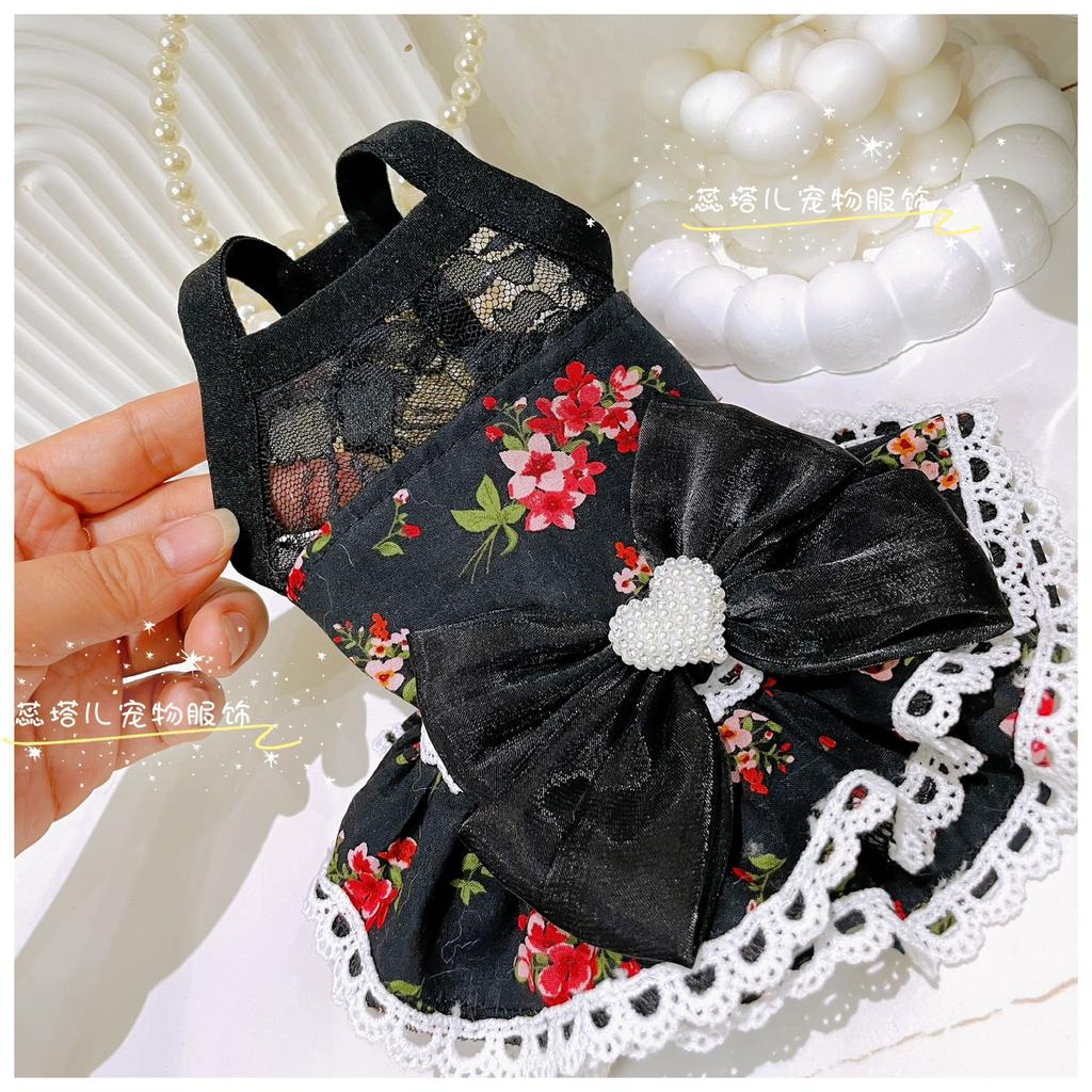 Lovely Puppy Dog Clothing Retro Chic Red Floral Print Lace Bow Black Princess Dress For Small Medium Dog Poodle Pet Dog Clothes