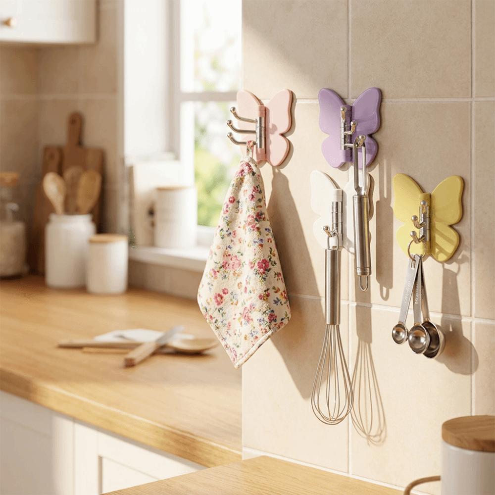 4PCS Plastic Rotating Butterfly Wall Hooks Wall Mounted Butterfly Storage Hanger Kitchen