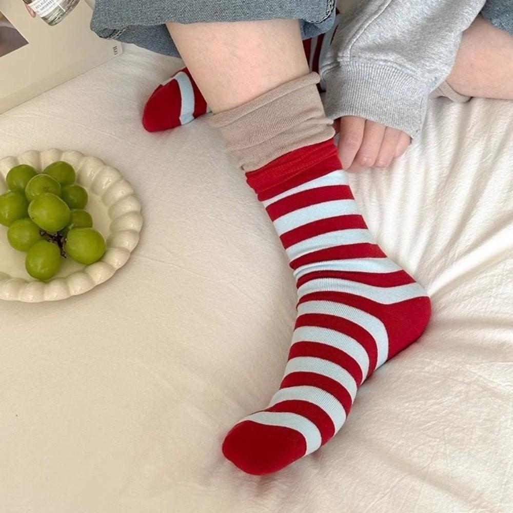 Striped Sports Socks Rolled Edge Double-Layer Socks Kawaii Mid Tube Socks For Women