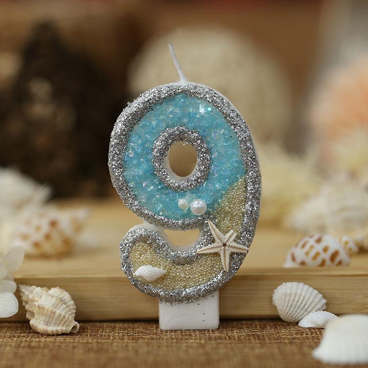 0-9 Digital Glitter Candles Summer Beach Starfish Birthday Cake Decoration Number Mermaid Ocean Themed Party Cake Decor Supplies