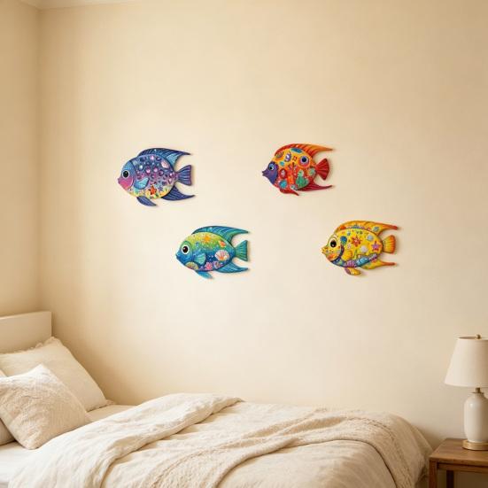 4 Stück Holzfisch Strand Wanddeko Tropenfisch Wandkunst Nautisches Meeresbewohner Küsten Hängende Skulptur für Badezimmer Wohnzimmer Küche