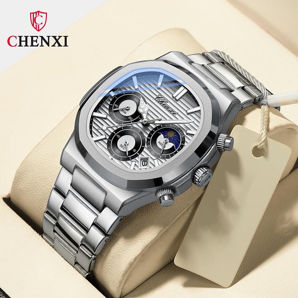 Luxury Watch Men Business Fashion Waterproof Stainless Steel Chronograph Moon Phase Quartz Wristwatch Male Clock
