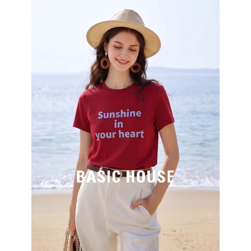 Basic House Women s Red Letter Print Short Sleeve T-Shirt L