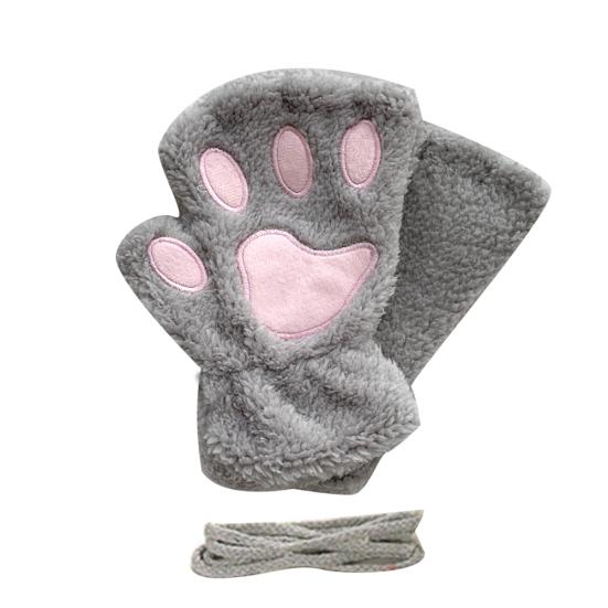 

Winter Girl Cute Bear Cats Claw Cashmere Neck Hanging Half Finger Gloves Mittens светло-серый