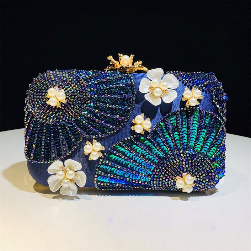 

2025 Luxury Sequined Flower Design Peal Evening Clutch Bag Women Prom Glitter Banquet Bag New Shoulder Handbag Wedding Party Bag синий