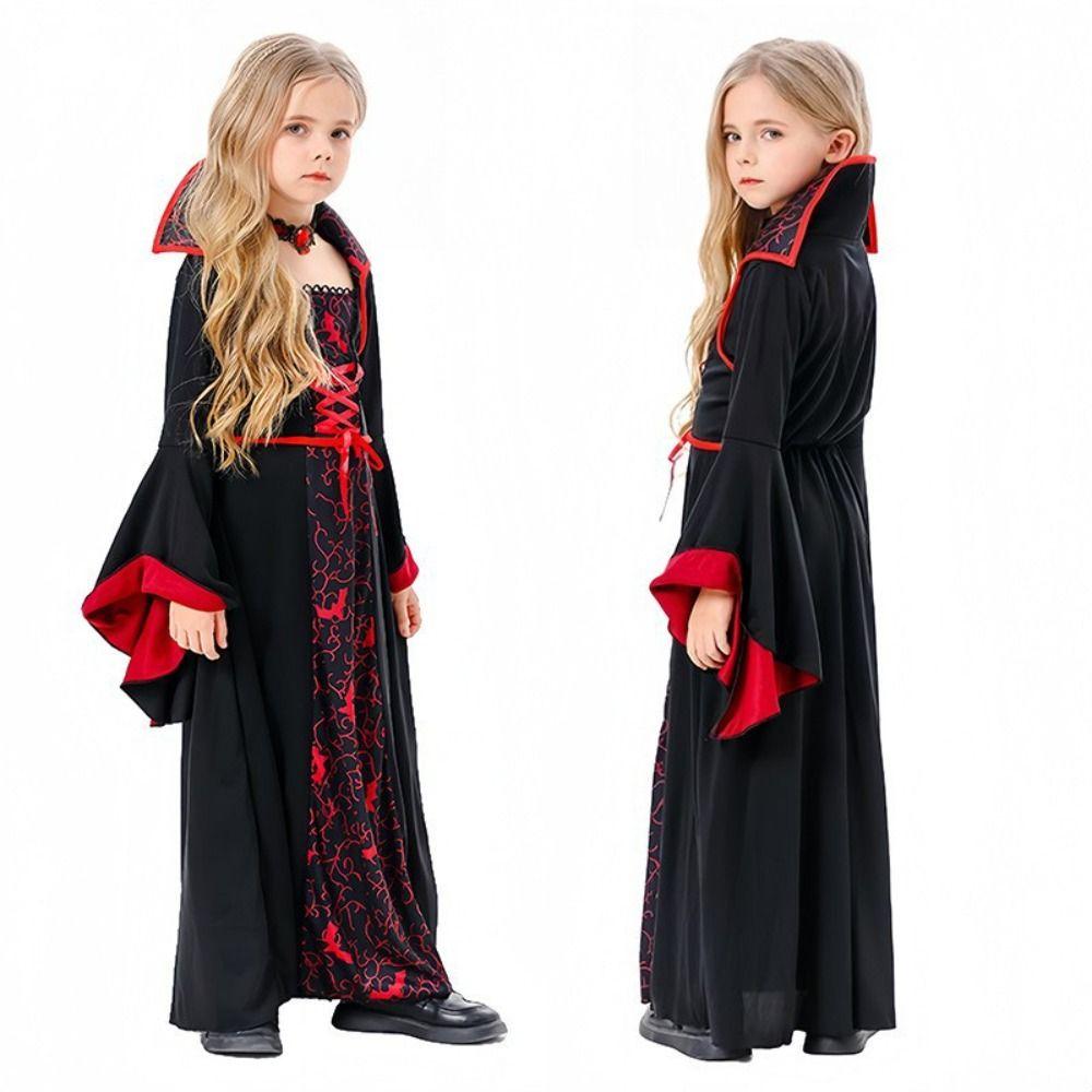 Stand Collar Halloween Witch Long Dress Bell Sleeve Children Medieval Printed Dress  Adults