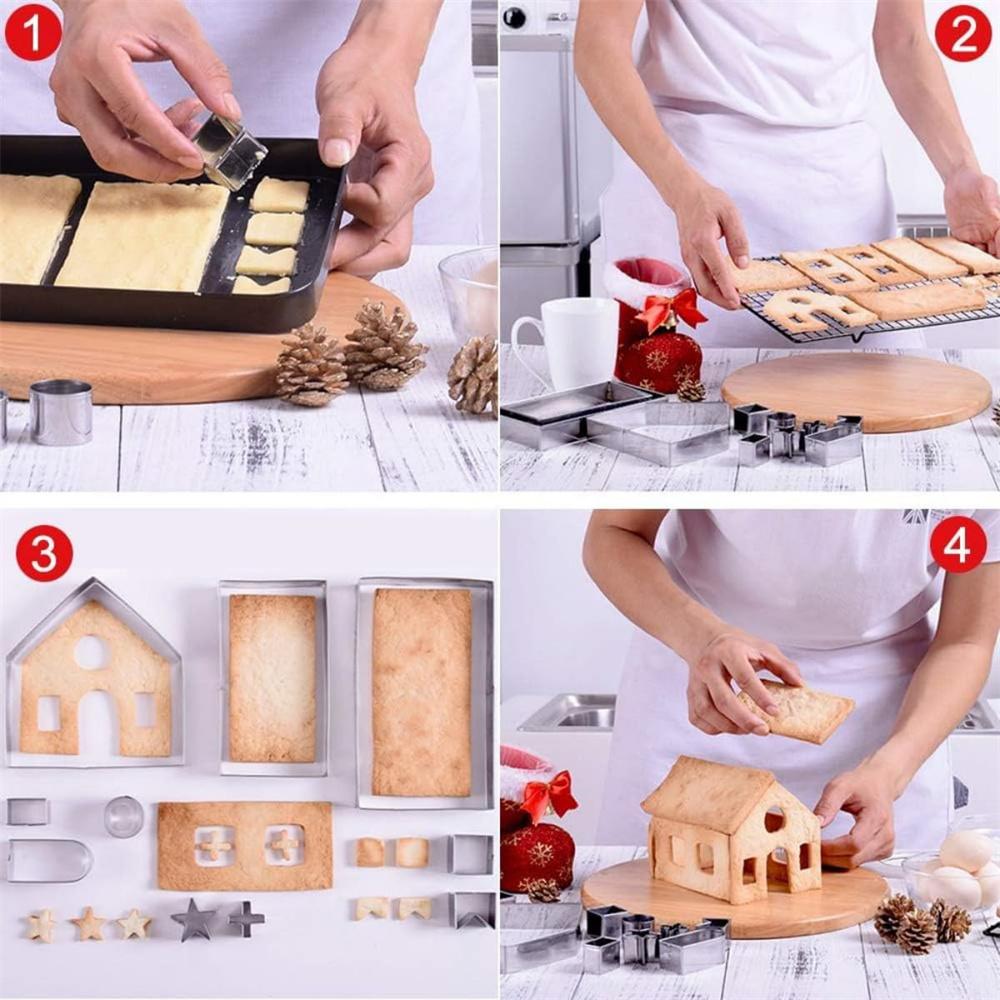 10 st pepparkakshus kakformar set Rostfritt stål 3D julhus Fondant Kex Chokladform Bakningstillbehör
